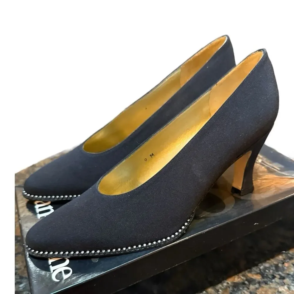 Evan Picone‎ Black Silk Pumps Classic with Rhinestone Detail Sz 9B EUC